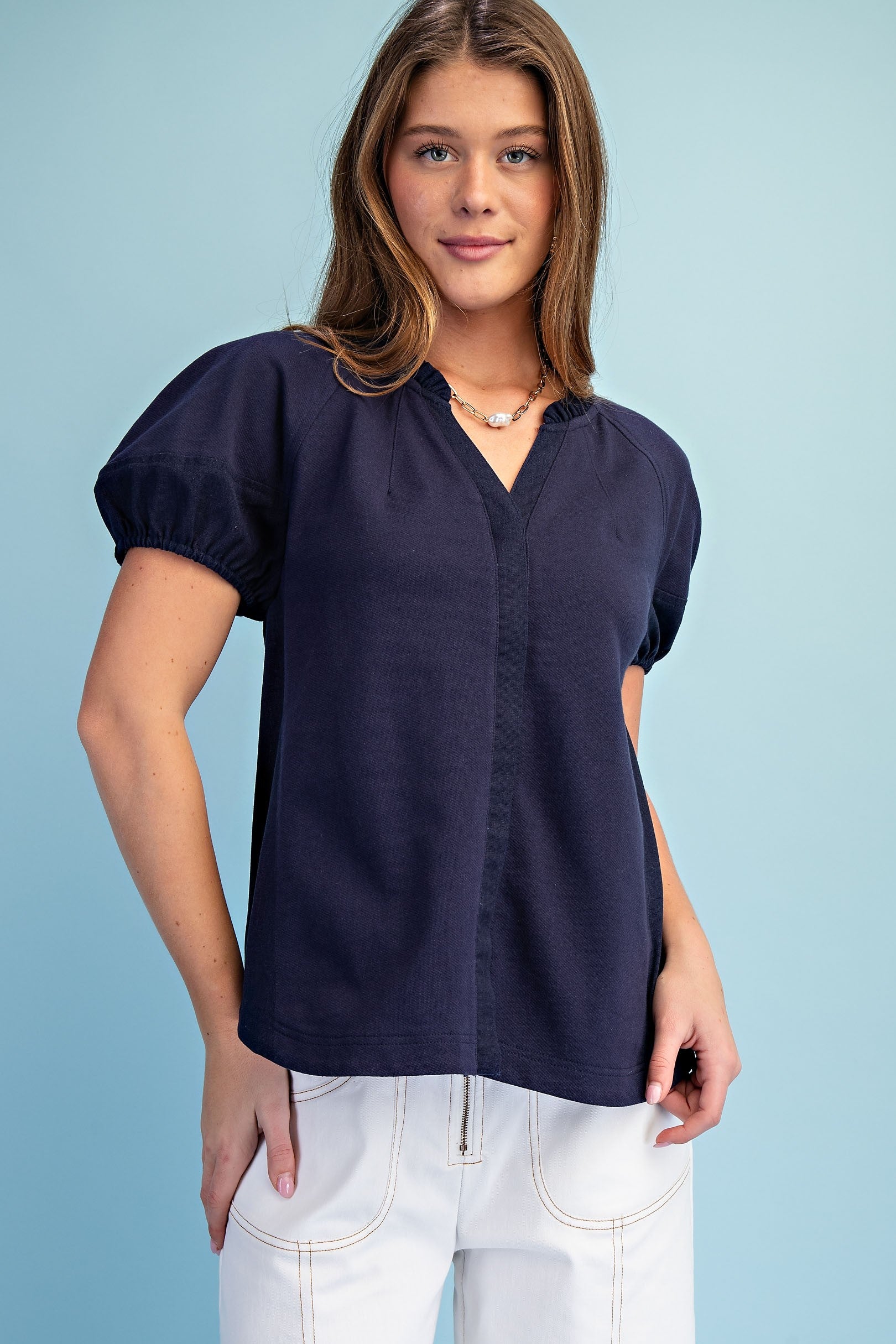 Mixed Material Covered Placket Button Down Blouse