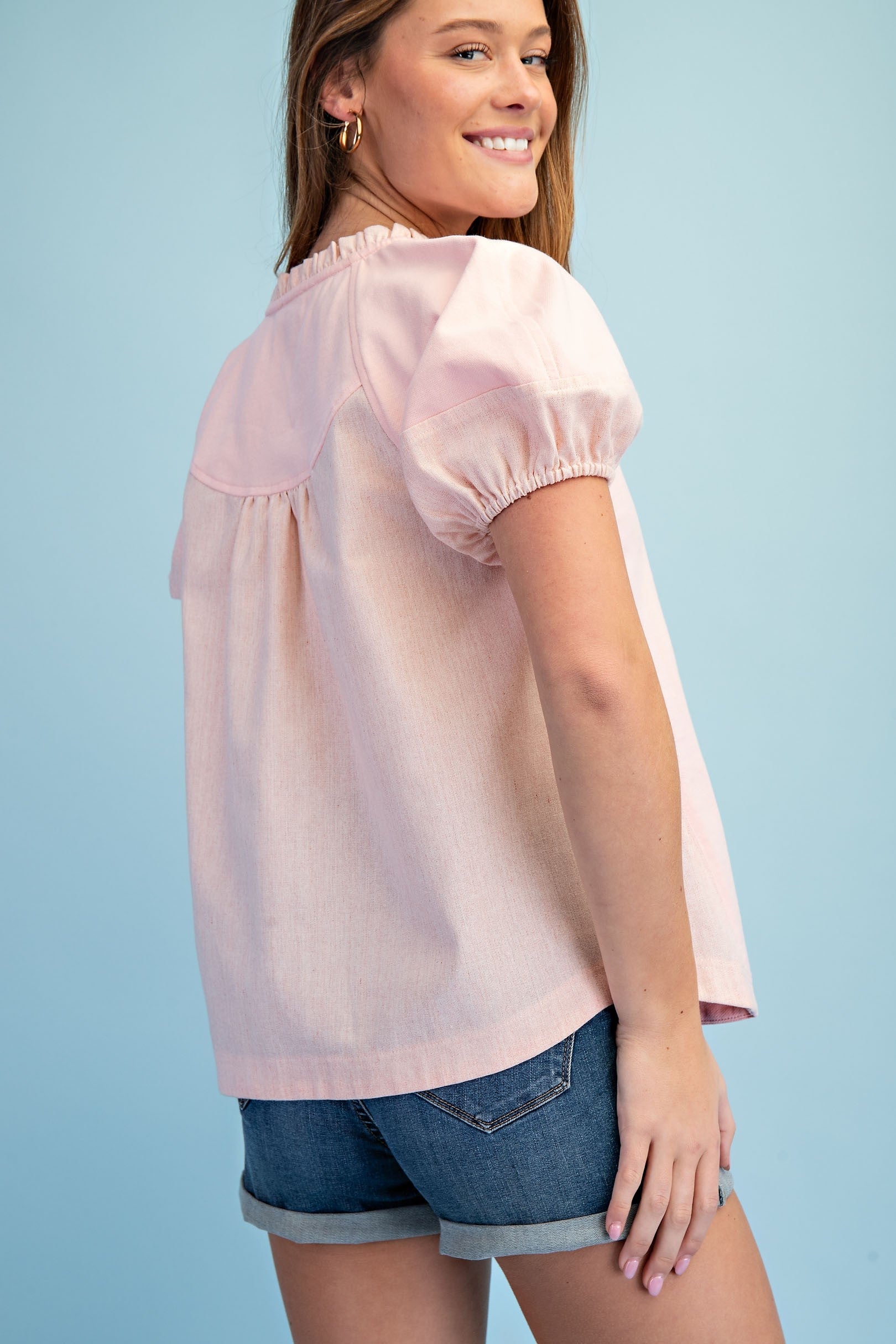 Mixed Material Covered Placket Button Down Blouse