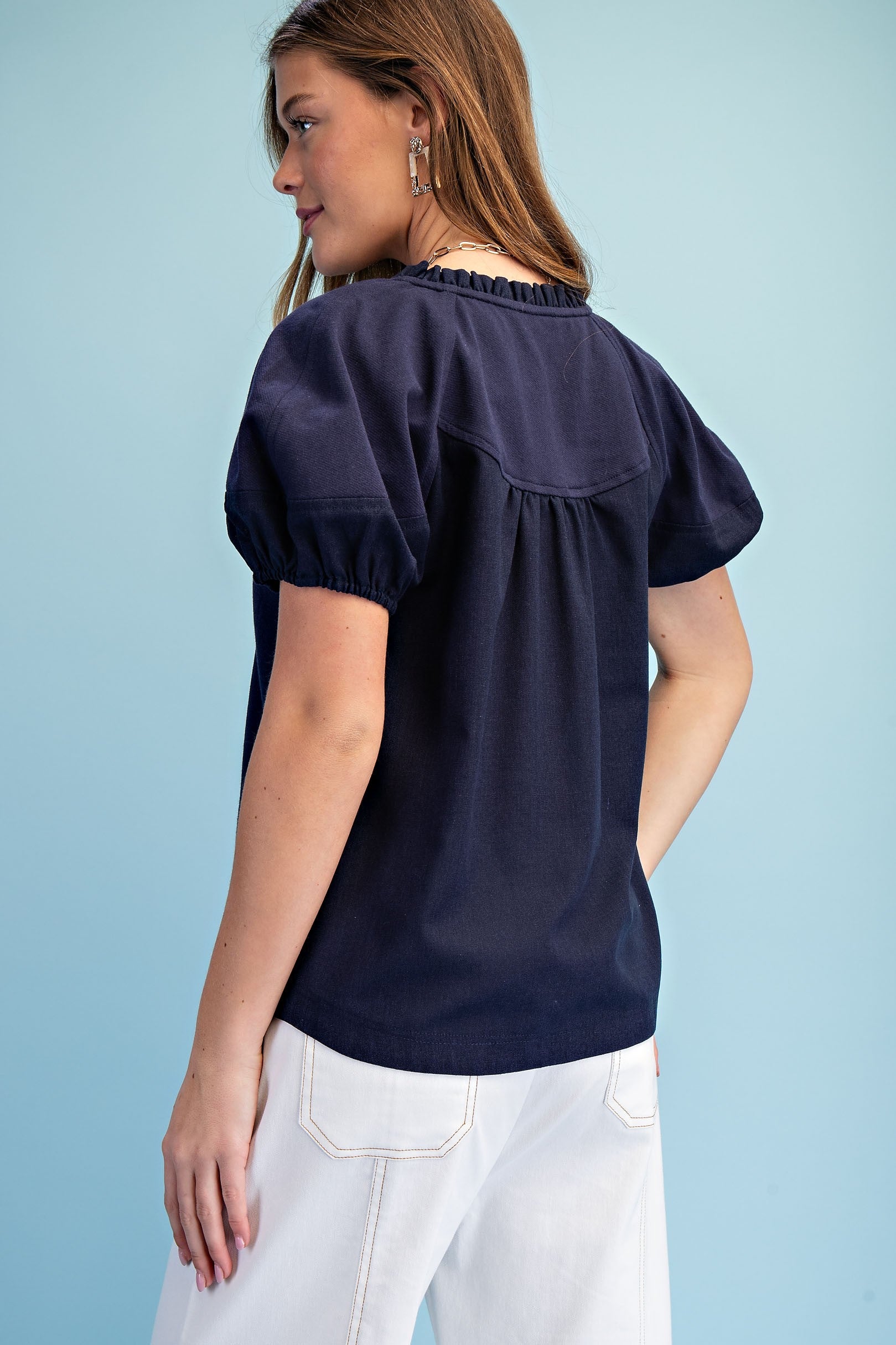Mixed Material Covered Placket Button Down Blouse