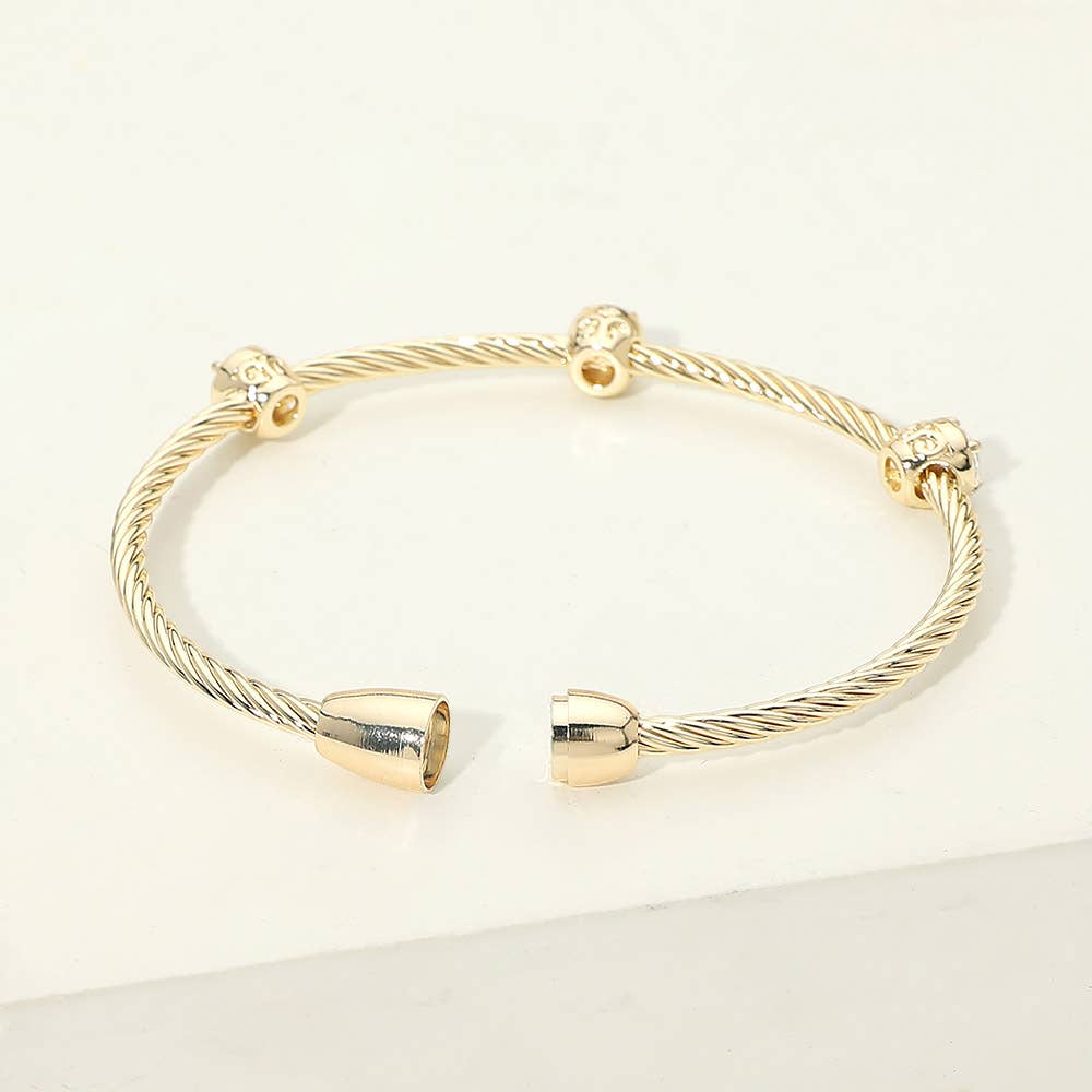 14K Gold Plated Triple CZ Bezel Accent Twisted Cable Magnetic Bangle Bracelet