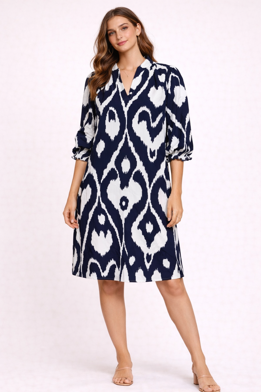 Navy & White Abstract Print Dress