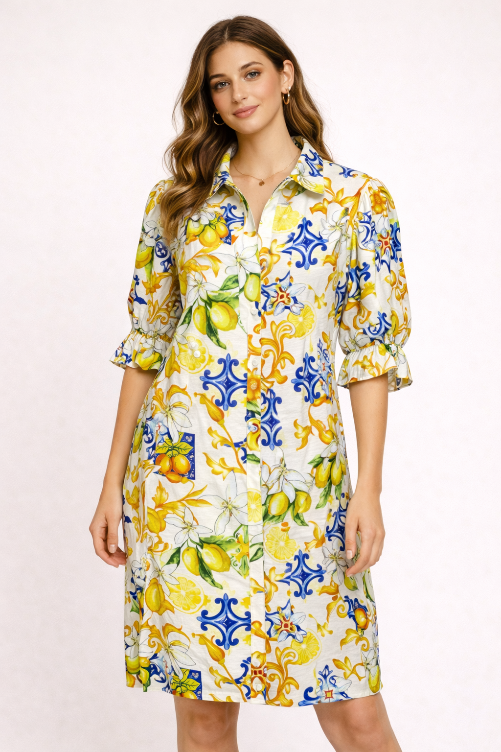 Lemon Floral Button Front Dress