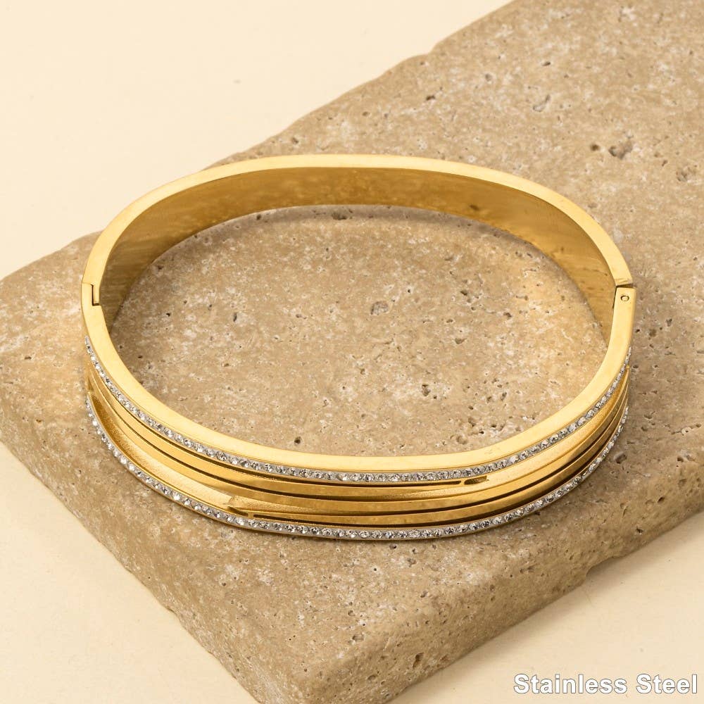 Stainless Steel Pave Trim Bangle Bracelet