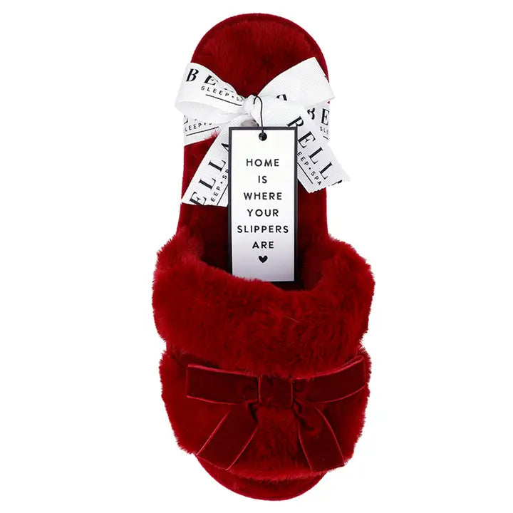 Plush Velvet Bow Slippers - Burgundy + Burgundy Velvet Bow