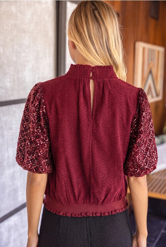 Burgundy Smocked Neck Sequins Bubble Sleeve Top