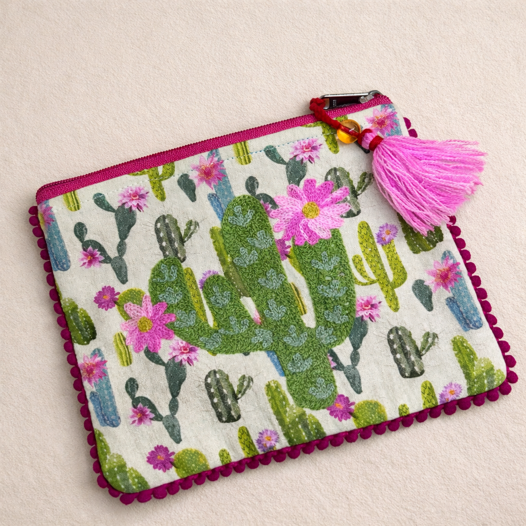 Embroidered Pom Zipper Pouch