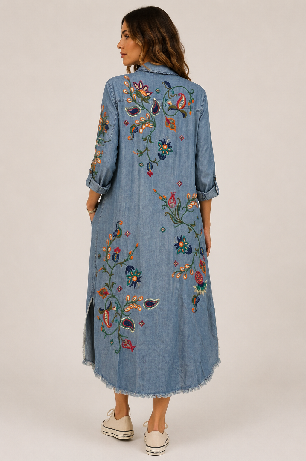 John Mark Embroidered Denim Button Front Dress
