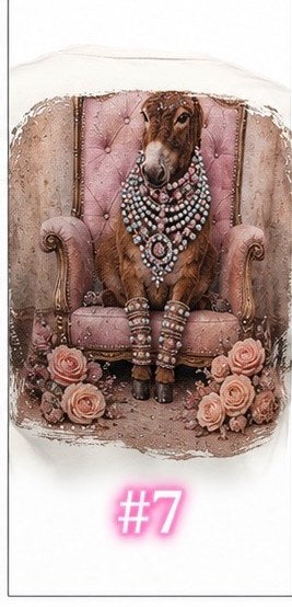Bling tee design #7 — donkey in pearl jewelry seated on a pink vintage armchair with roses