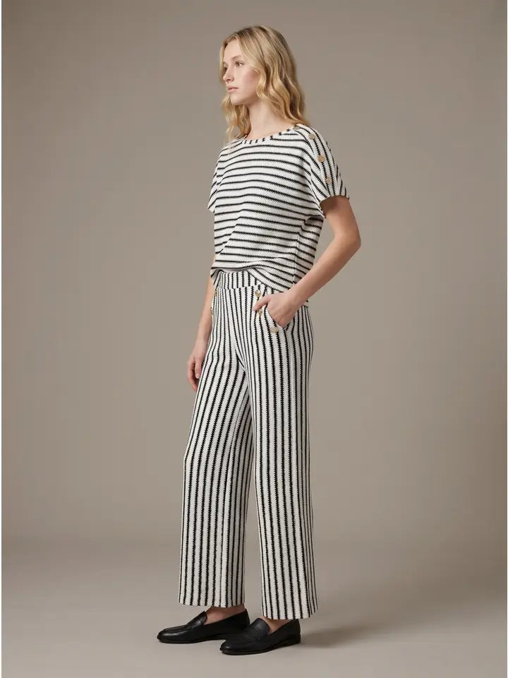Black Striped Knit Top with Button Shoulder Detail Pants Set