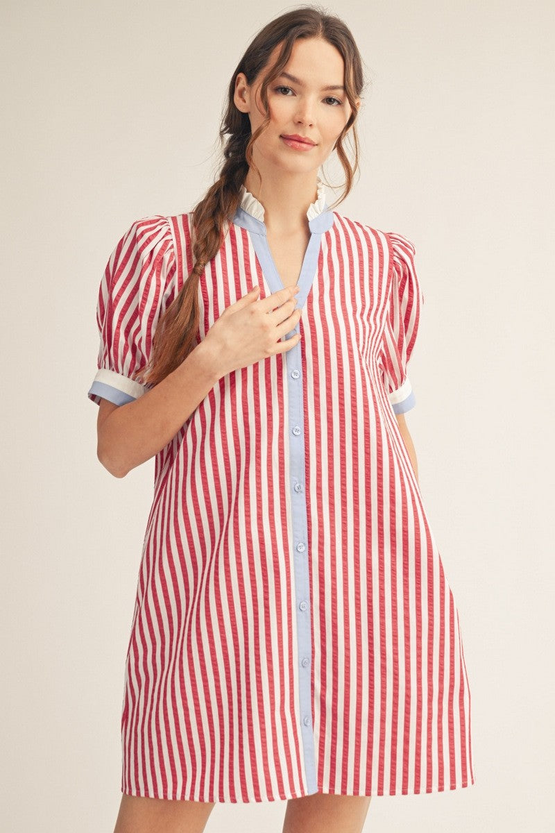 Red Button Down Stripe Shift Dress