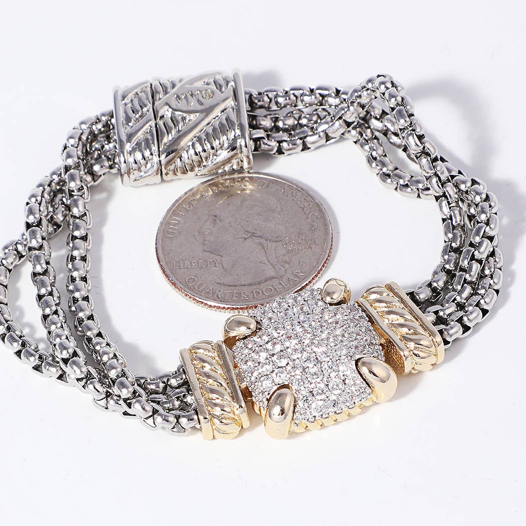 CZ Bar Charm 3 Layered Box Chain Bracelet