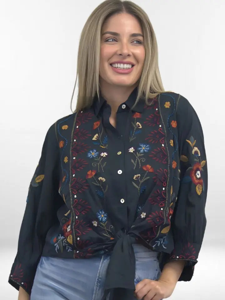 Jules Blouse tissue cotton tie front embroidered top