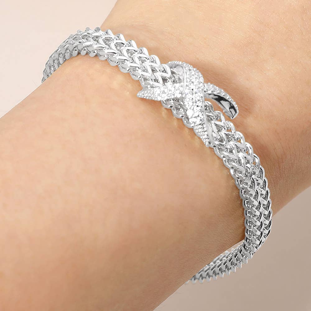 CZ Pave Crisscross Charm Accent Textured Mesh Chain Magnetic Bracelet