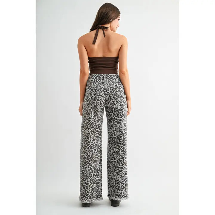 High-Rise Wide Leg Frayed Hem Leopard Jeans