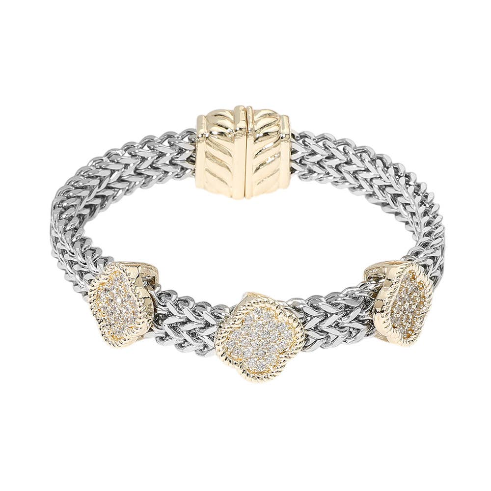 14K Gold Plated Two Tone CZ Pave Triple Quatrefoil Accent Woven Band Magnetic Bracelet