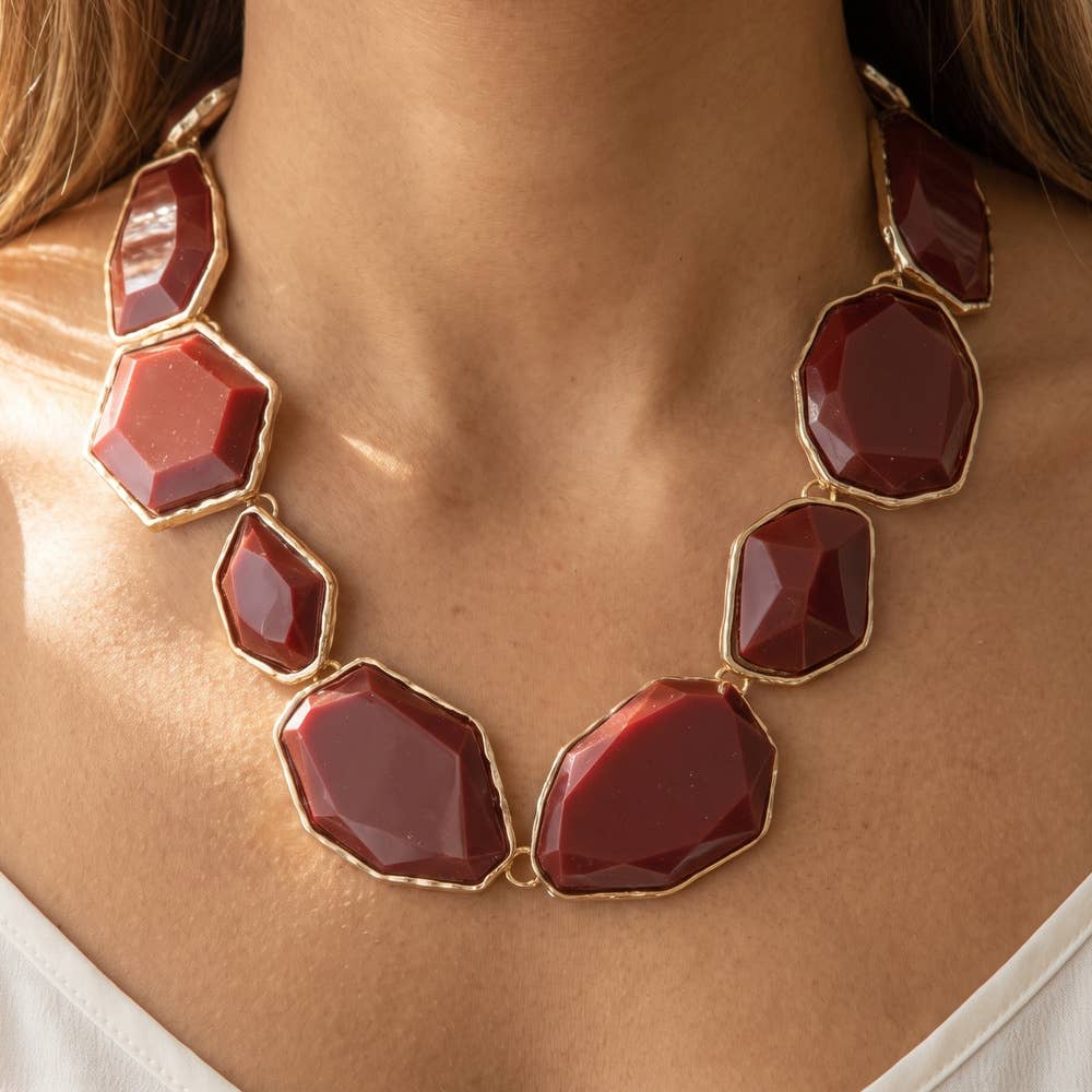 Chunky Burgundy Faceted Bead Statement Collar Necklace
