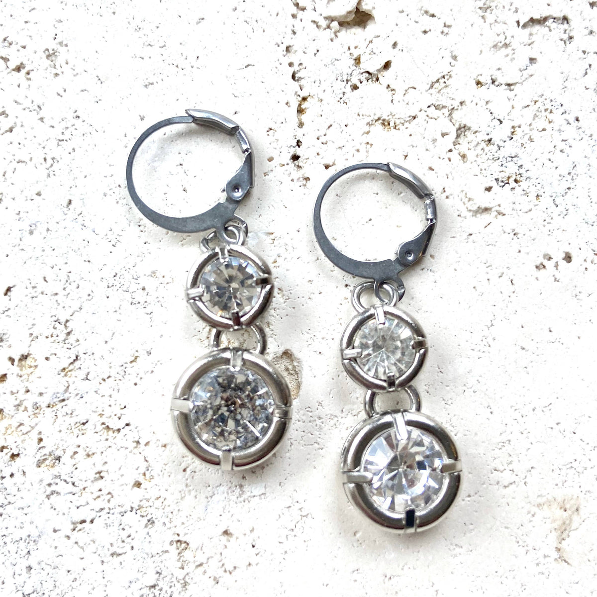 Silver Double Crystal Drop Earrings
