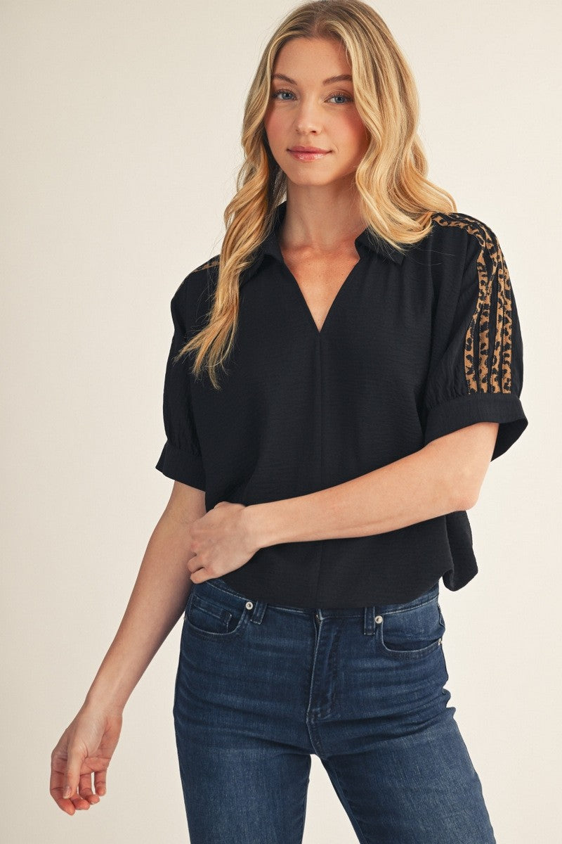 Black Leopard Contrast Shoulder Detail Crinkled Top
