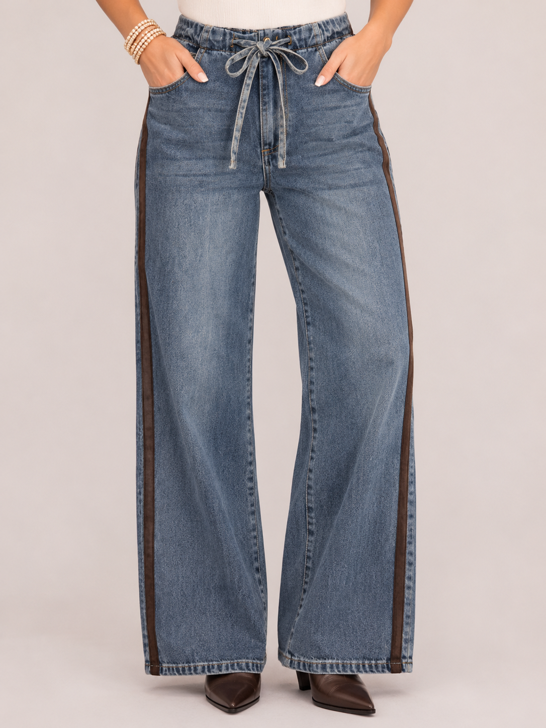 Suede Trim Tie Front Denim Pants