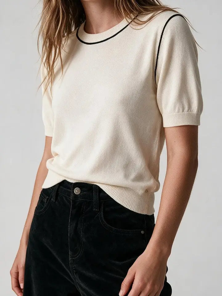 Cream Fine Knit Contrast Seam Sweater — view 2