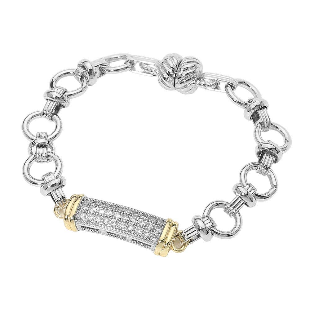 14K Gold Plated Two Tone CZ Pave Bar Accent Link Magnetic Bracelet