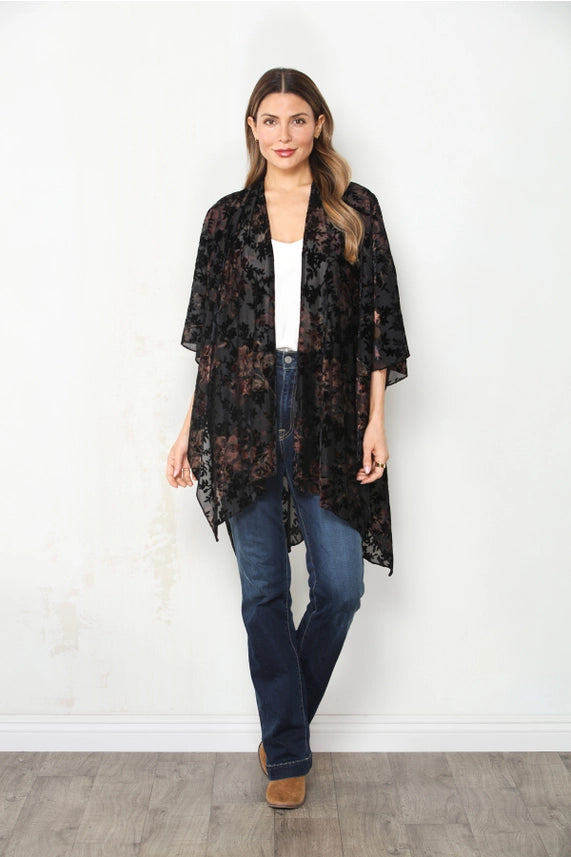 Brown Burnout Velvet Open Front Kimono
