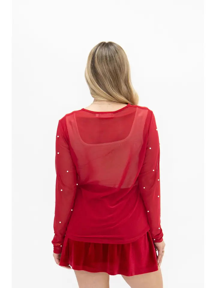 Mesh Long Sleeve Top with Pearls Detail