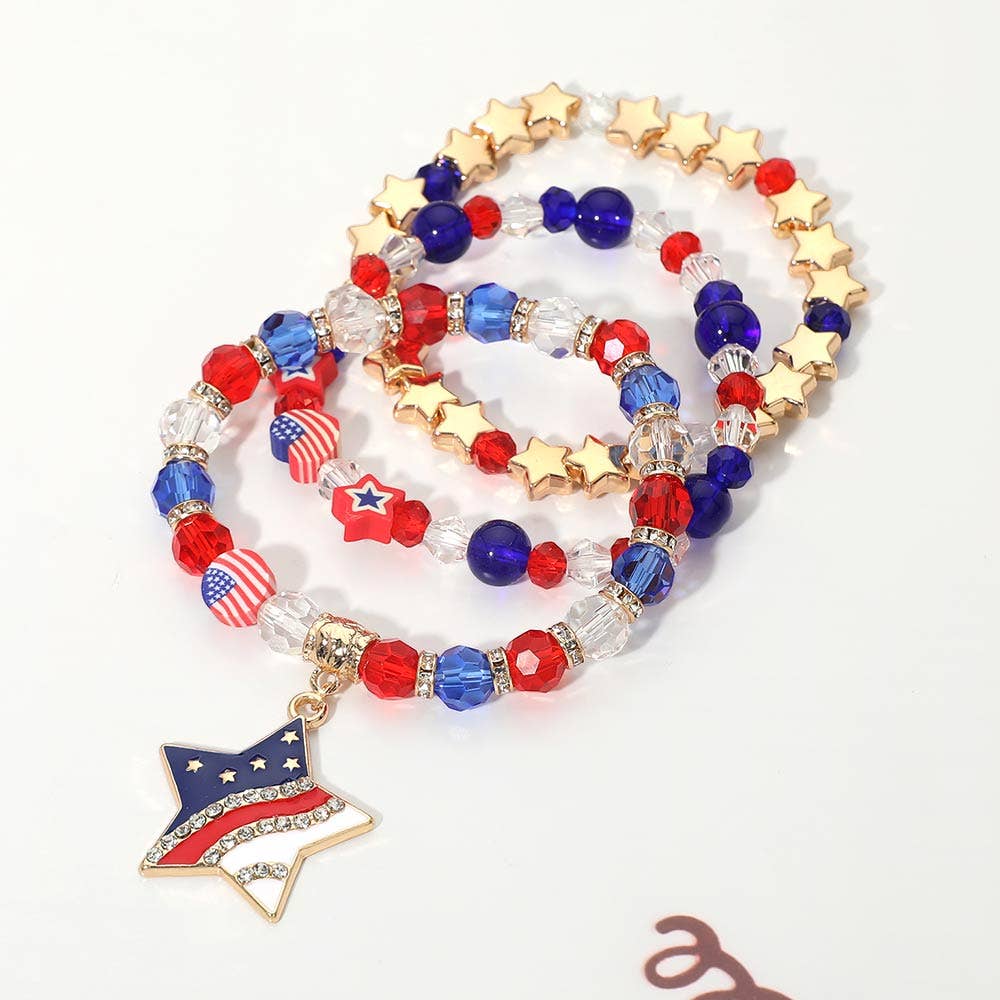 3PCS - American USA Star Charm Faceted Beaded Stretch Multi Layered Bracelets