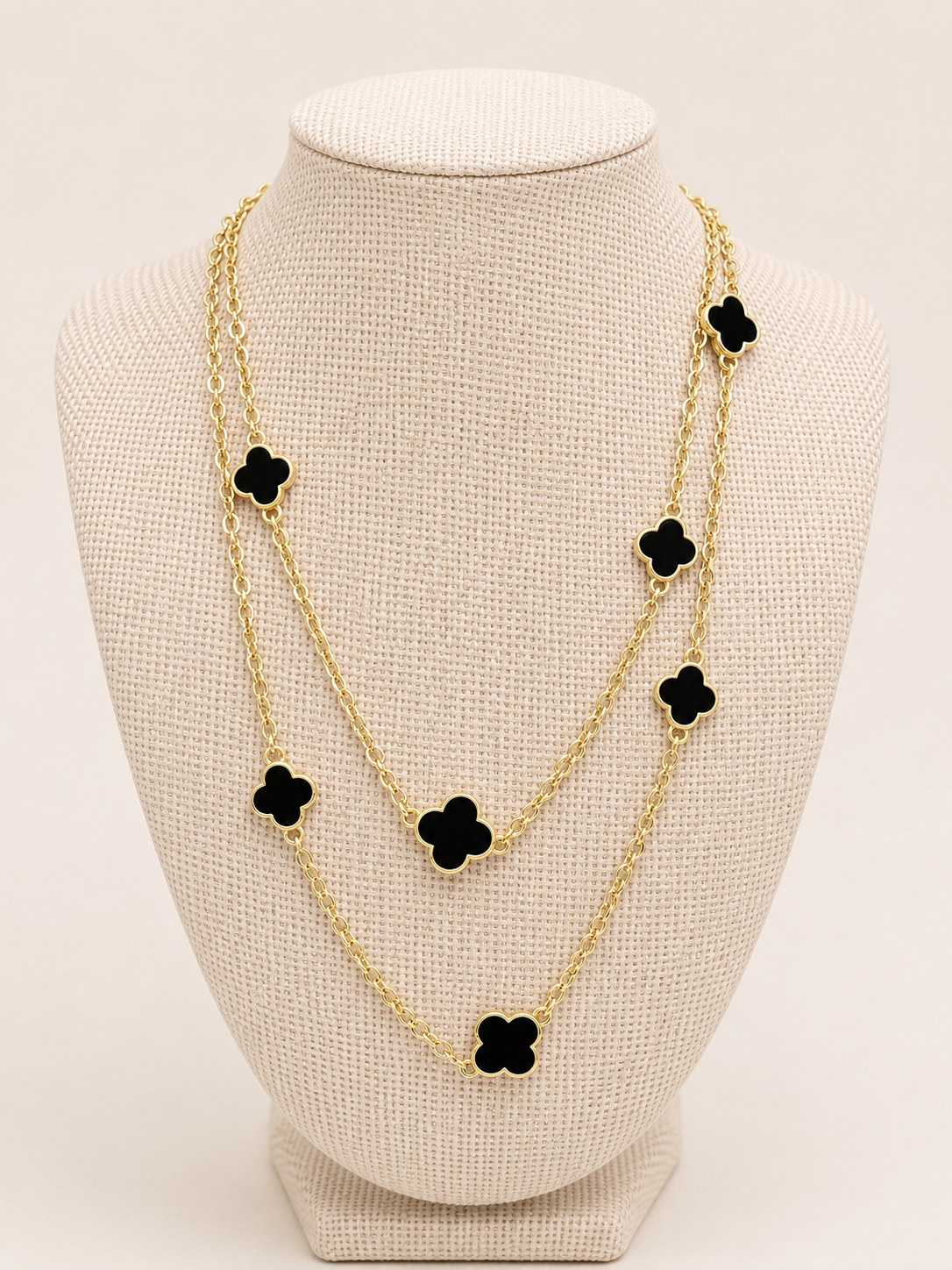 Gold Long Length Chain Necklace with Black Clovers