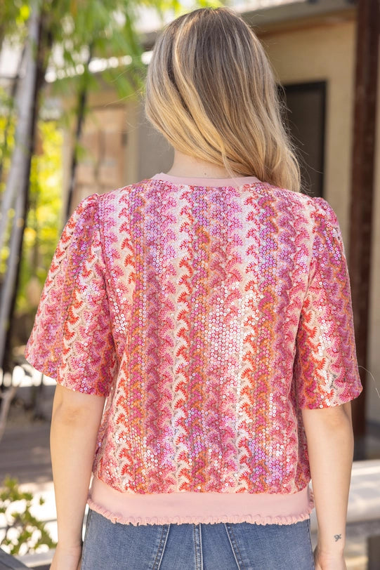 Coral Ribbed Knit Band Detail Vertical Stripe Sequins Top