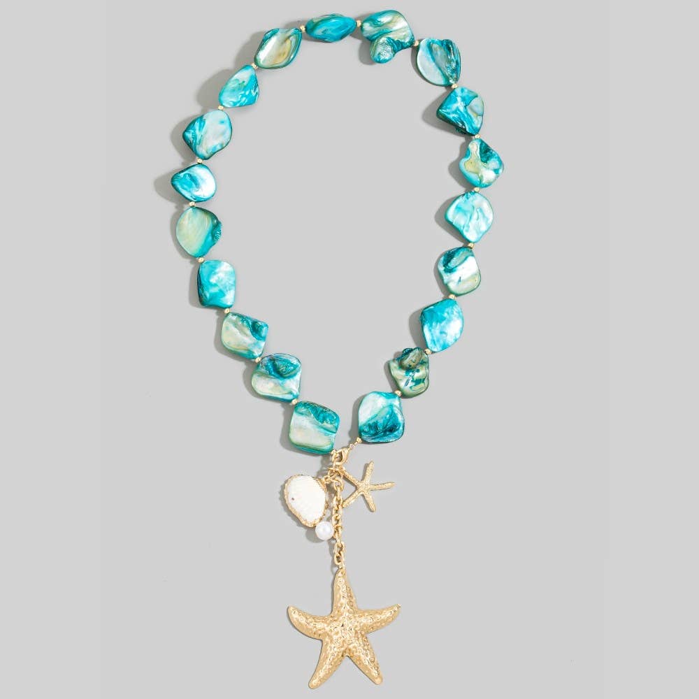 Gold Starfish & Sea Charm Drop Shell Stone Necklace