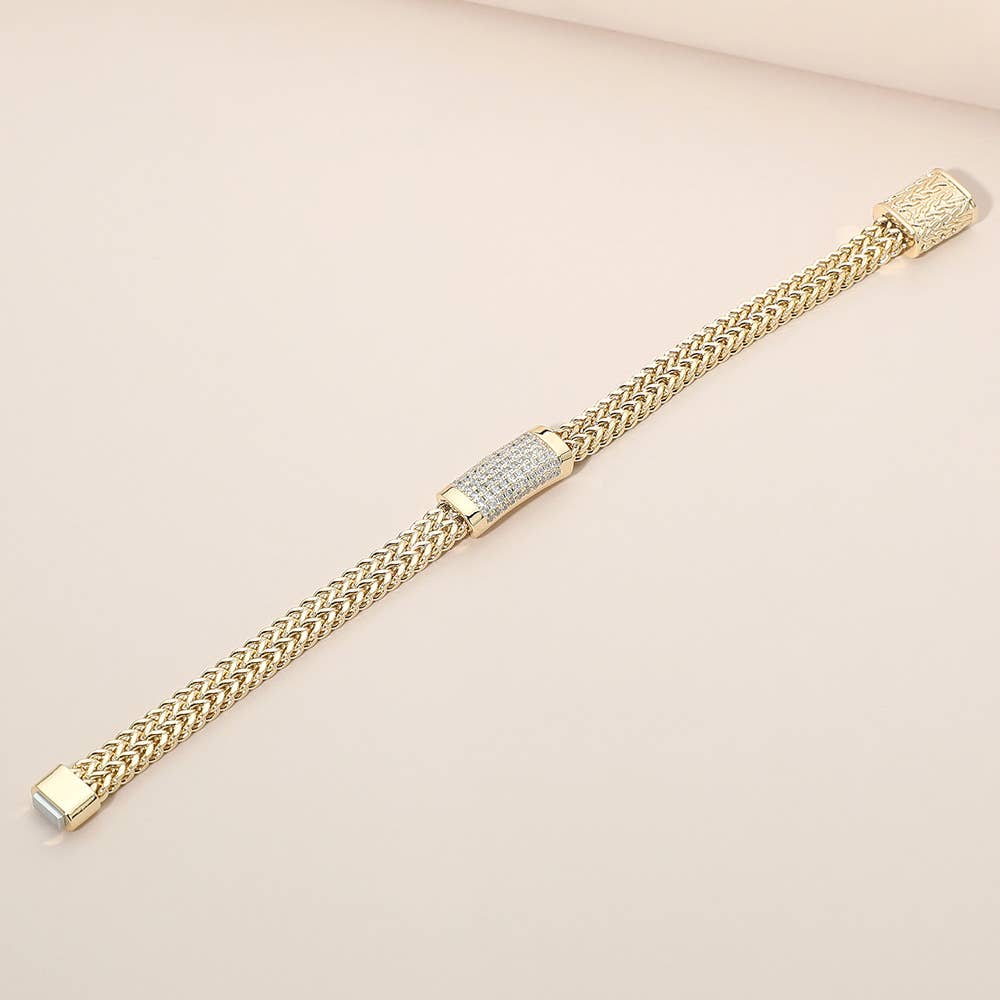 CZ Pave Bar Accent Textured Mesh Chain Magnetic Bracelet
