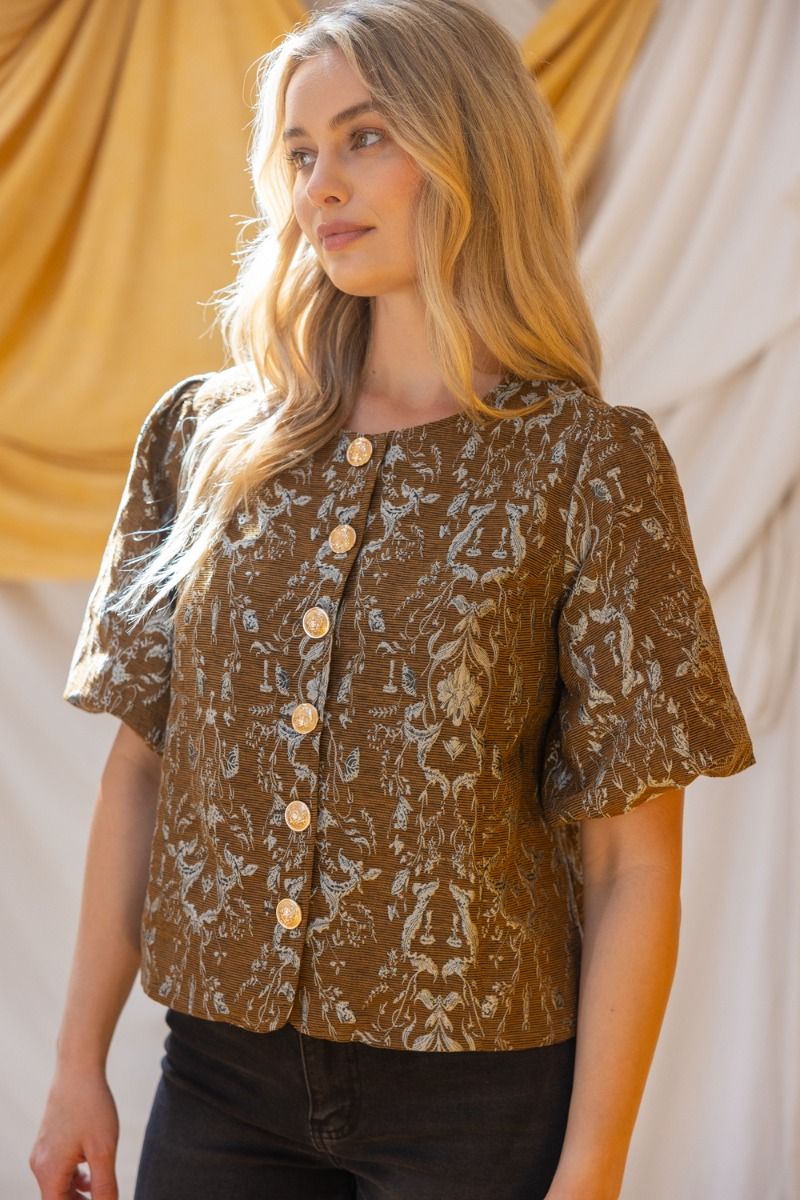 Gold Button Down Floral Jacqaurd Top