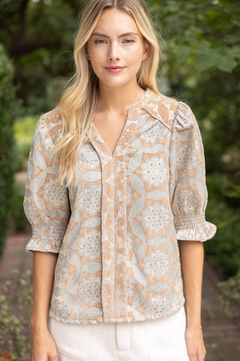 Taupe Smocked Puff Sleeve Geometric Velvet Jacquard Top