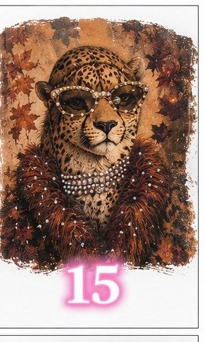 Bling tee design #15 — leopard in rhinestone glasses and pearls wearing a feather boa, autumn leaves