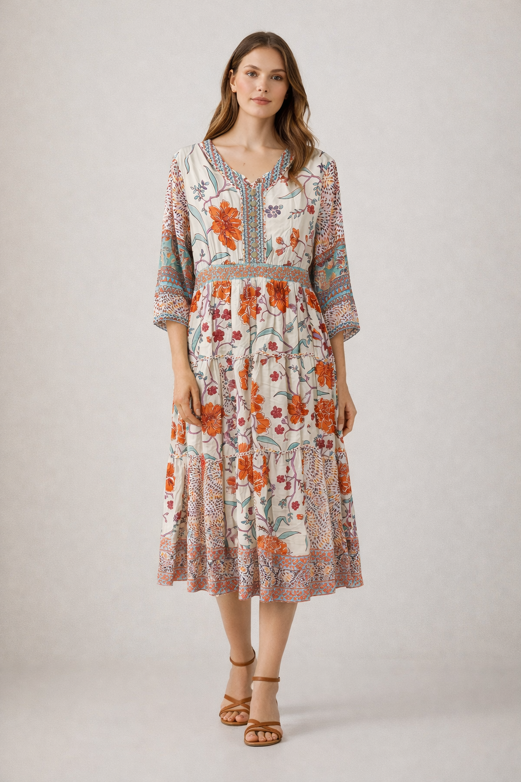John Mark Mixed Print 3/4 Length Tiered Dress