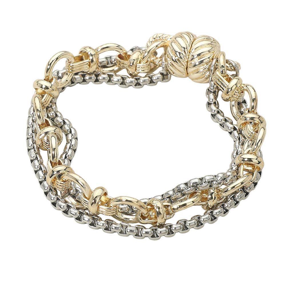 14K Gold Plated Two Tone Mixed Chain Layered Magnetic Bracelet