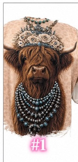 Bling tee design #1 — highland cow wearing a floral crown and layered turquoise necklaces