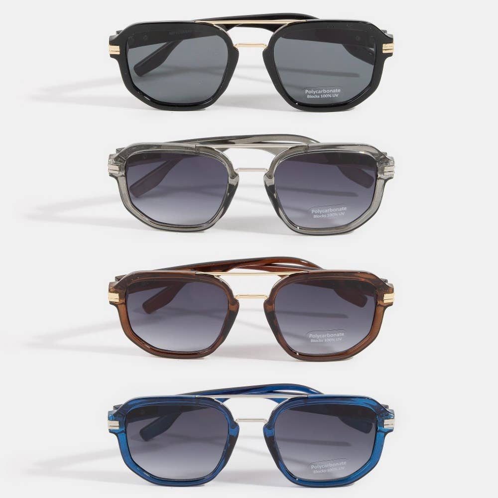 Square Double Bridge Round Metal Accent Sunglasses