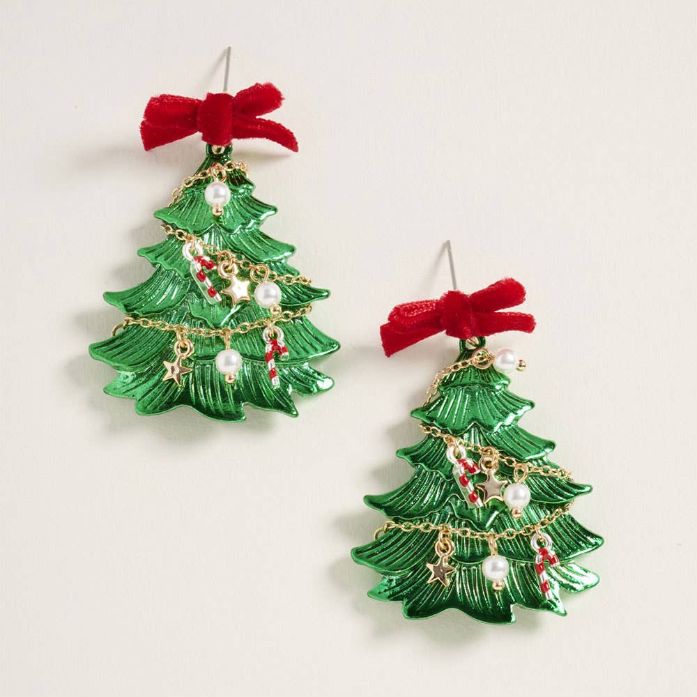 Festive Bow Accent Christmas Tree Drop Dangle Earrings