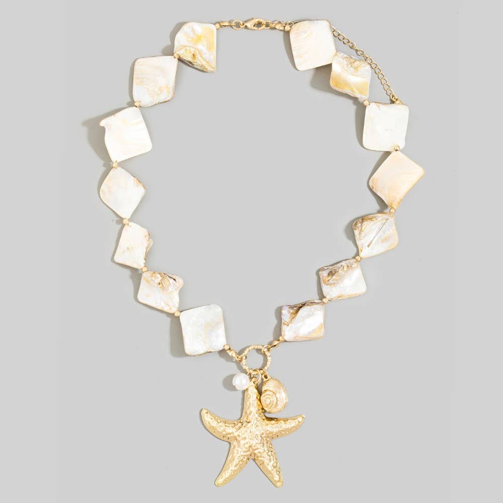 Gold Starfish & Pearl Drop Square Stone Necklace