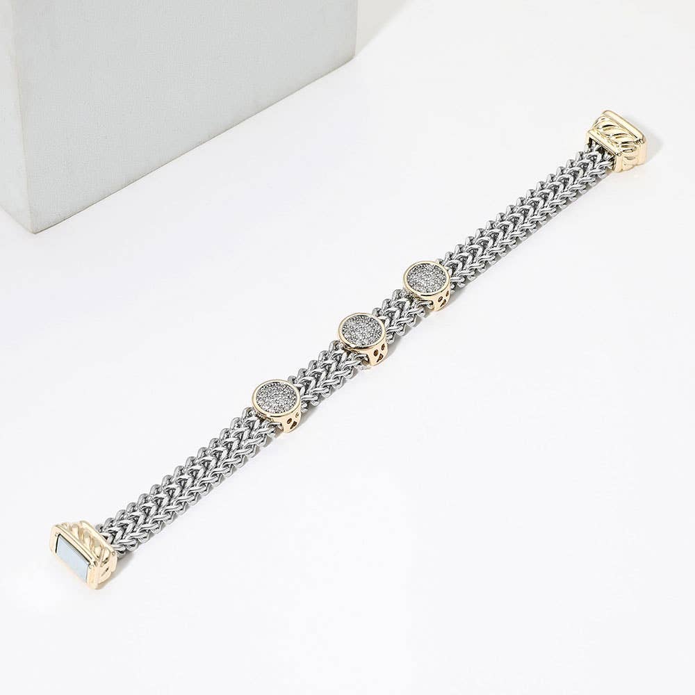 14K Gold Plated Two Tone CZ Pave Oval Accent Woven Band Magnetic Bracelet