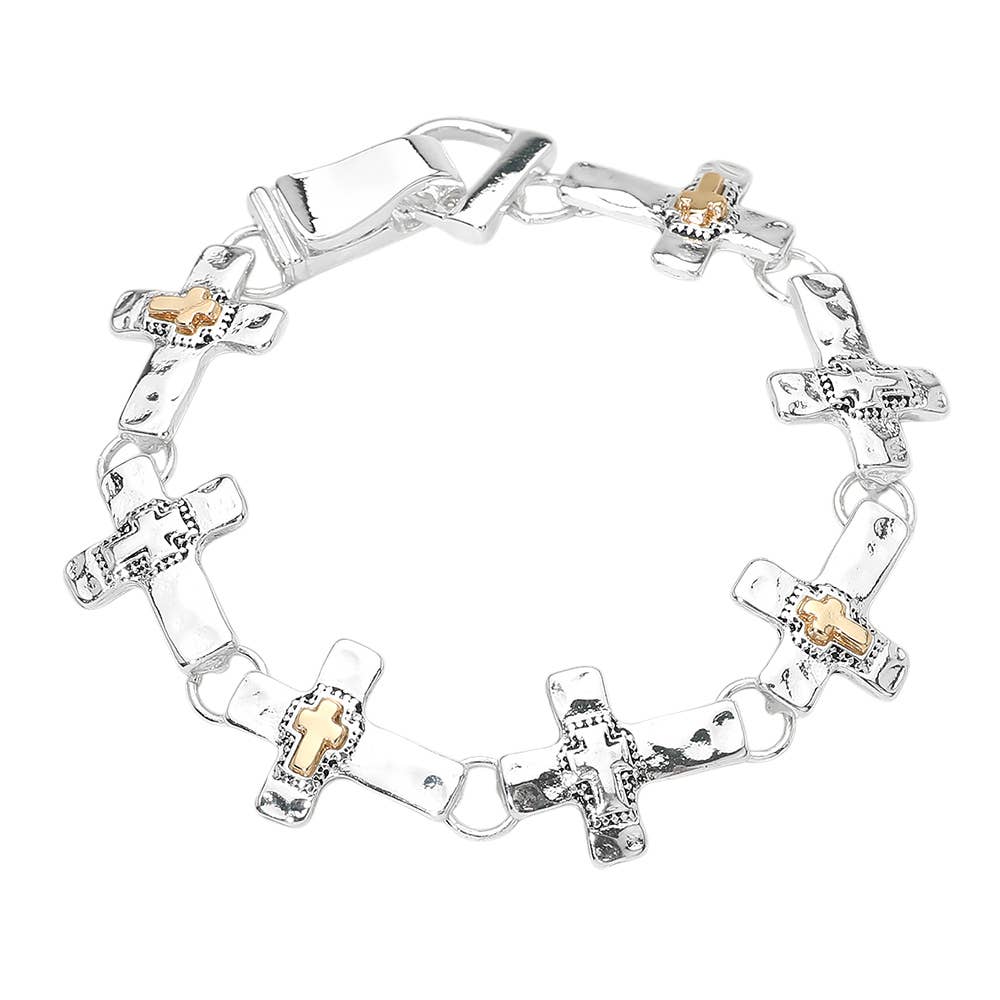 Two Tone Cross Charm Link Magnetic Bracelet