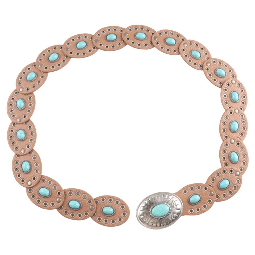 Suede textured belt with oval conchos set with turquoise stones