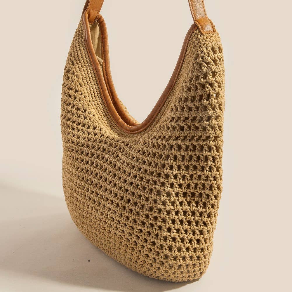 Straw Braided Leather Trim Shoulder Bag