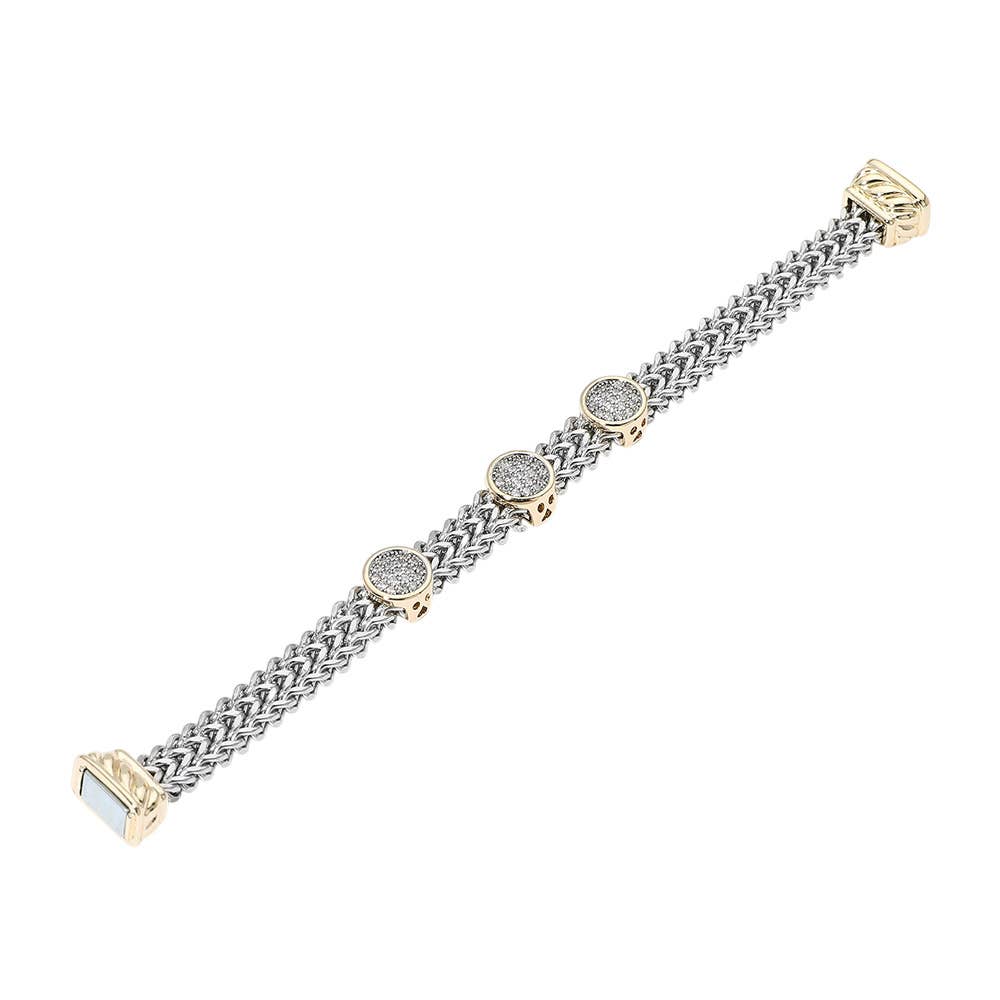 14K Gold Plated Two Tone CZ Pave Oval Accent Woven Band Magnetic Bracelet