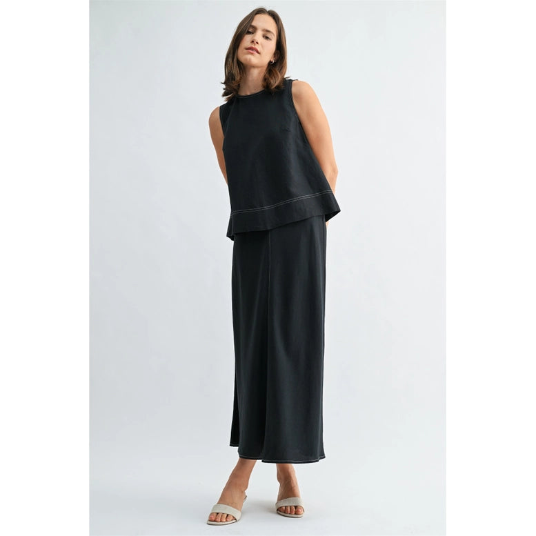 Linen Pleated Tank Skirt Set
