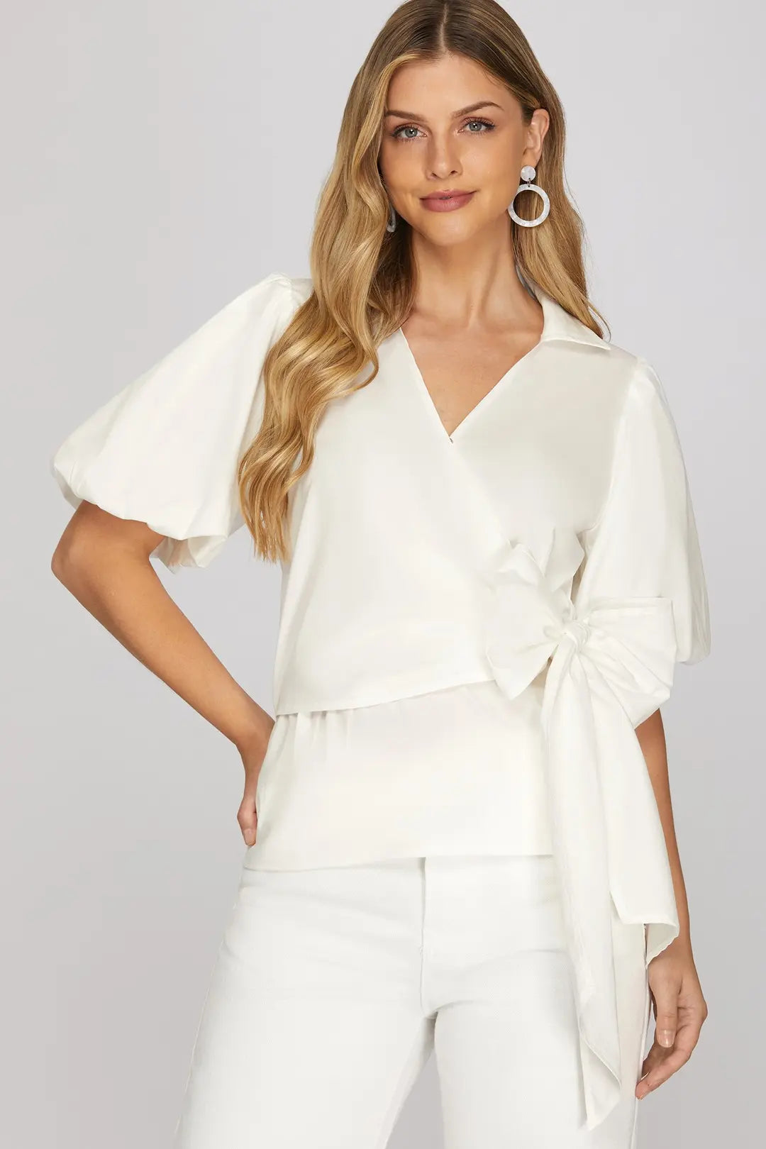 Puff Sleeve Wrap Tie Top