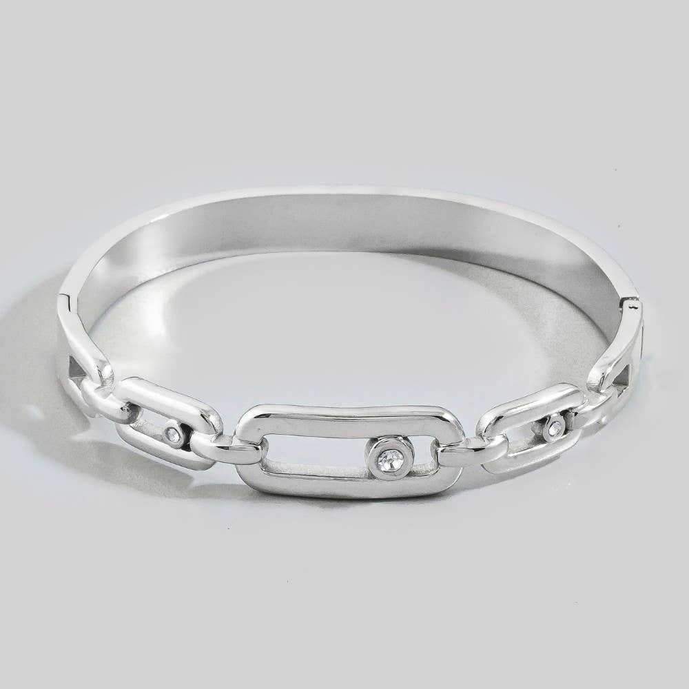 Stainless Steel Chain Link Crystal Accent Hinged Bangle