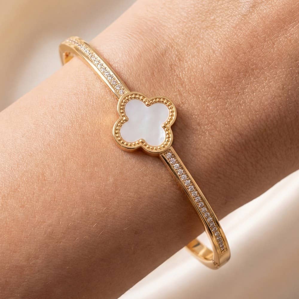Gold Dipped Cz Mother Of Pearl Clover Hinge Bangle Bracelet
